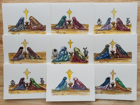 Christmas Manger Nativity Greeting Card Original Ink & Watercolor Joseph Mary Jesus Notecard Hand Painted 4 1/2" x 6" Blank Holiday Card