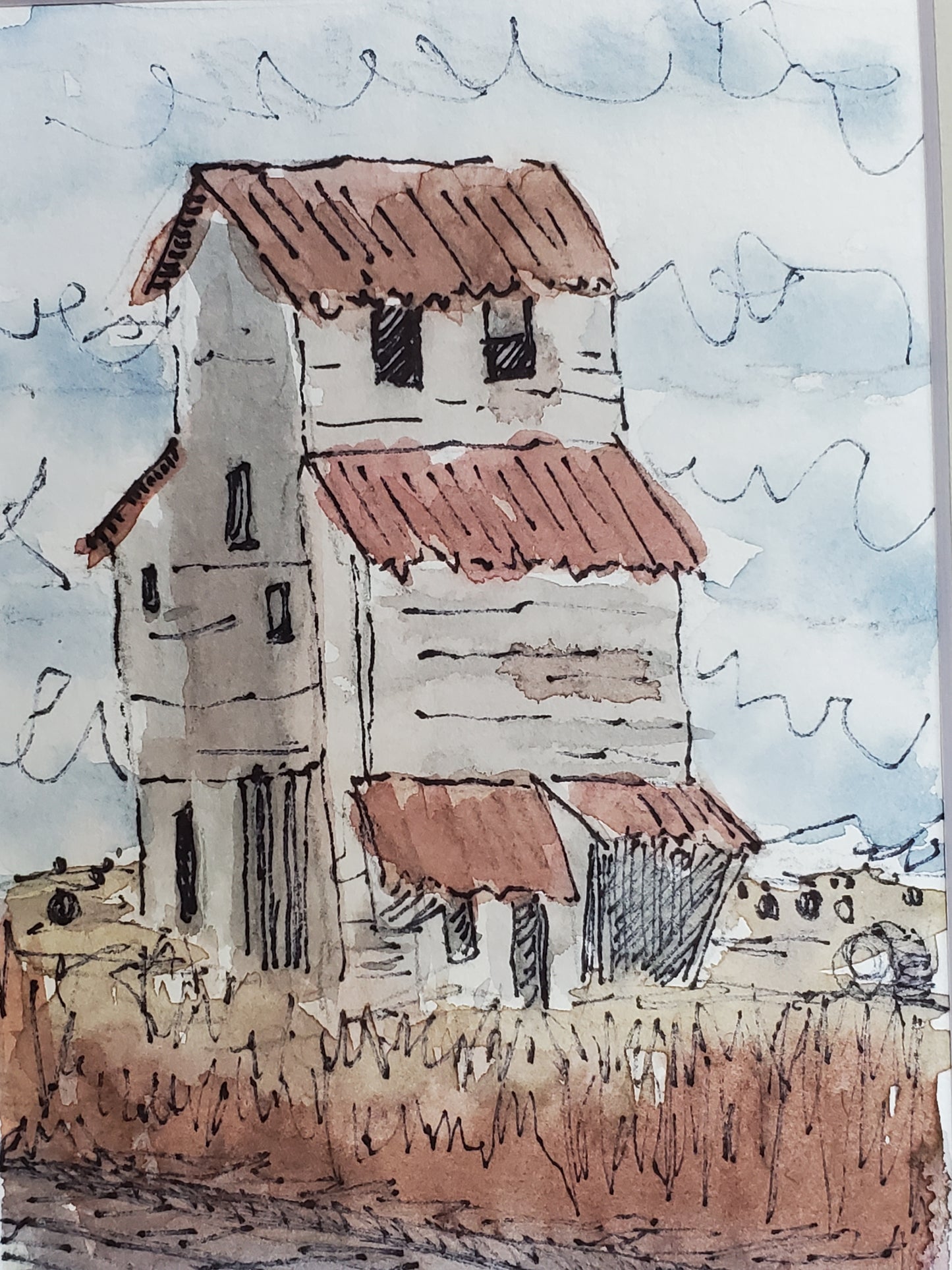 The Old Ways Farm Field and Grainery - Original Ink & Watercolor Art