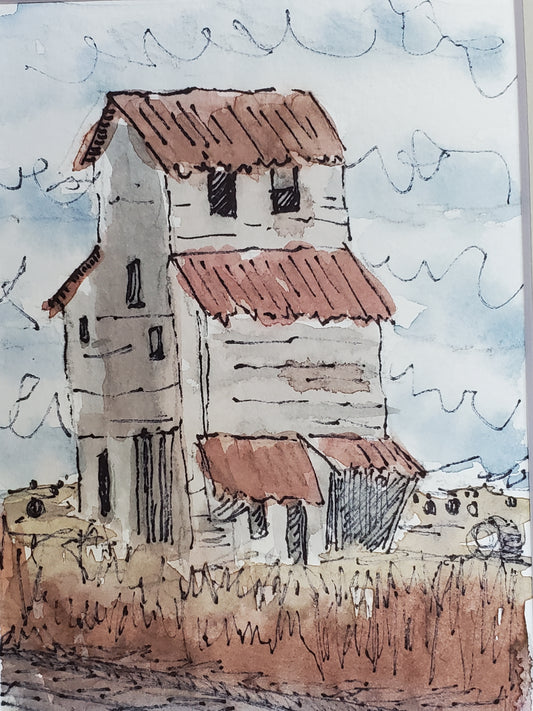 The Old Ways Farm Field and Grainery - Original Ink & Watercolor Art