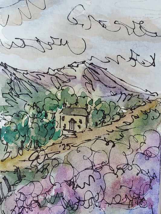 Heather Mountain Home - Original 4x6 Matted Ink & Watercolor Art